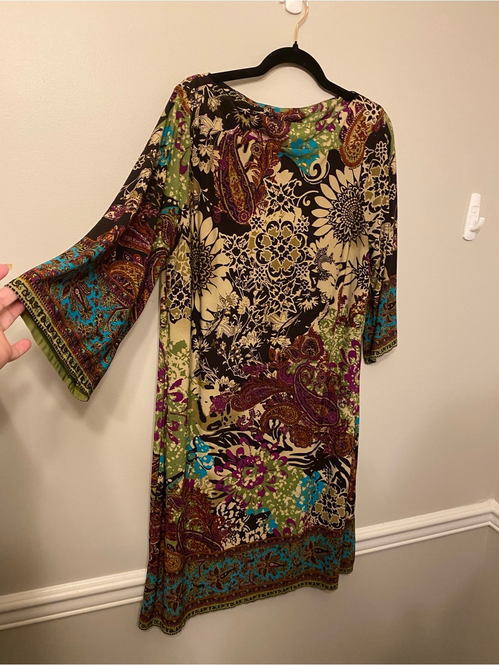 ECI Long-Sleeve Paisley Floral Dress in Black, Green, Teal & Purple